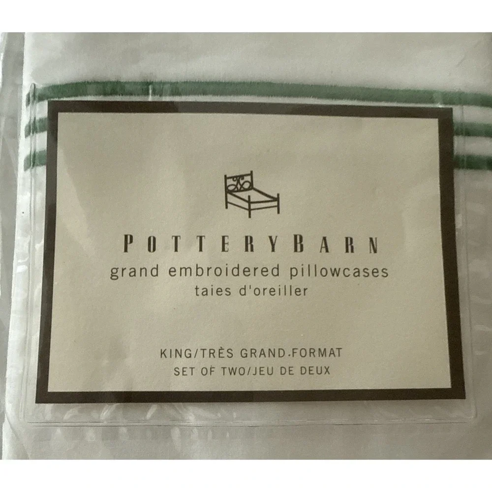 Pottery Barn Grand Embroidered 2 King Shams Green Stripe